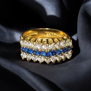 Vintage LIND 14KHGE blue sapphire and CZ rooftop ring
